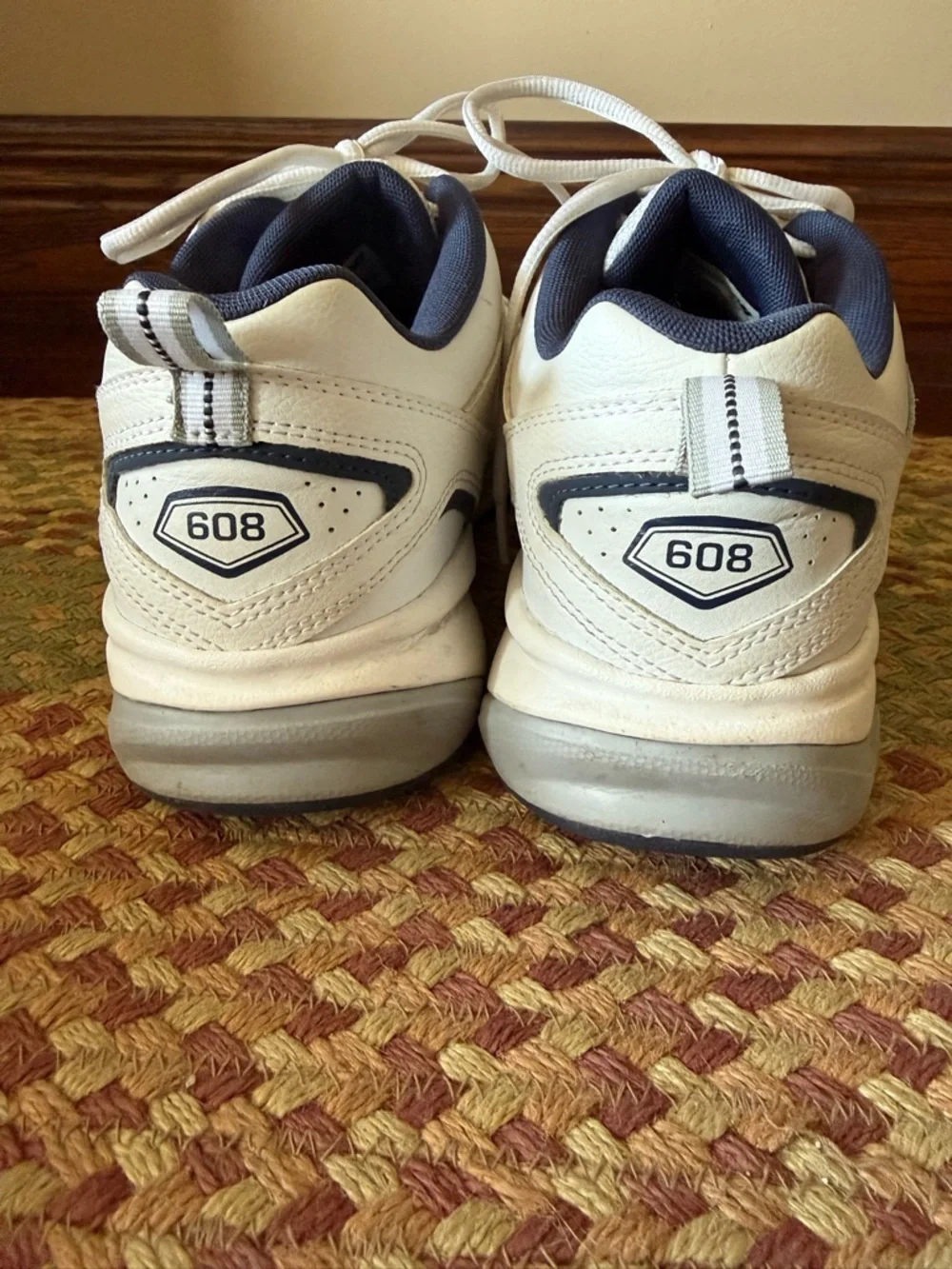 New Balance White and Navy Athletic Sneakers - Picture 2 of 9